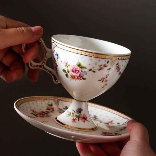 Footed Vintage Floral Teacup Set