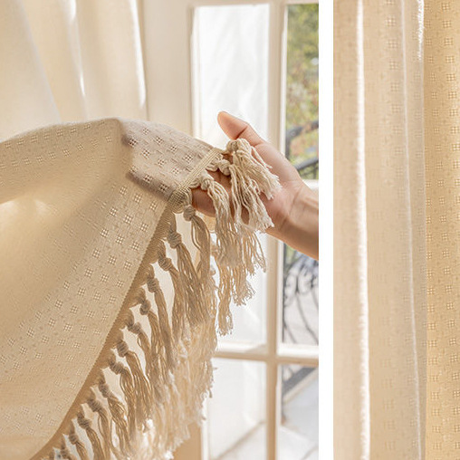 Creamy Grid Tassel Curtain