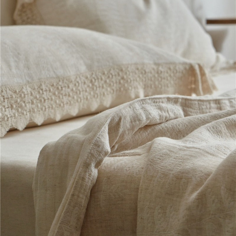 Lace Trim Cotton Linen Summer Quilted Blanket