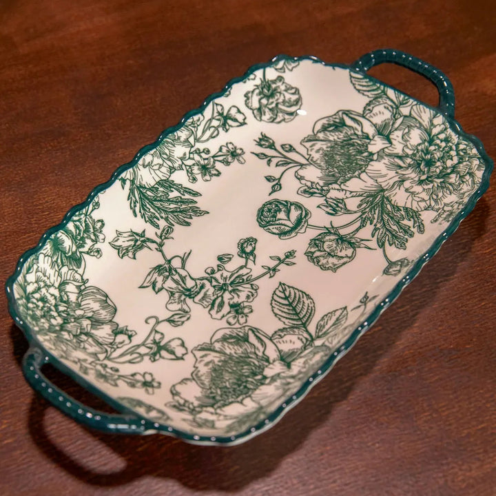 Vintage Green Flora Ceramic Dinnerware Set 12InchRectanglePlate - Delicors