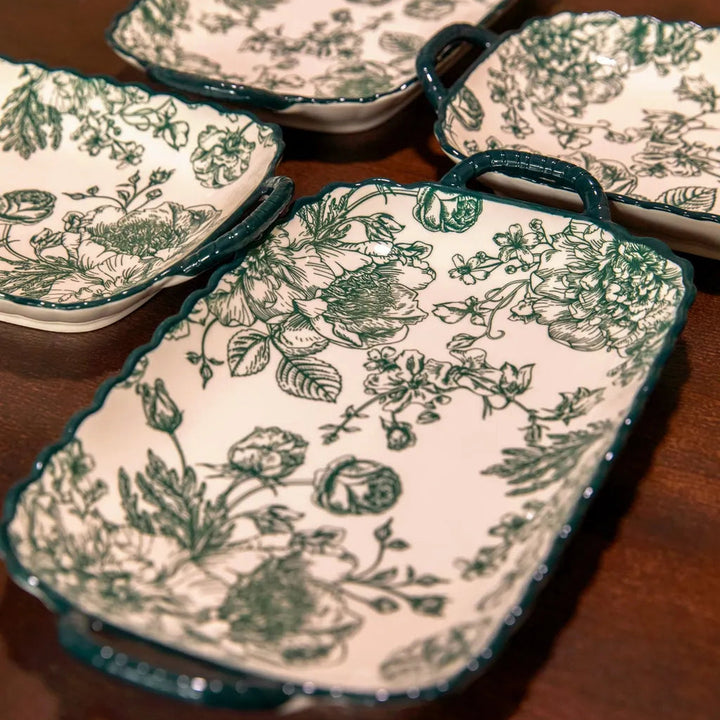 Vintage Green Flora Ceramic Dinnerware Set 12InchRectanglePlate - Delicors