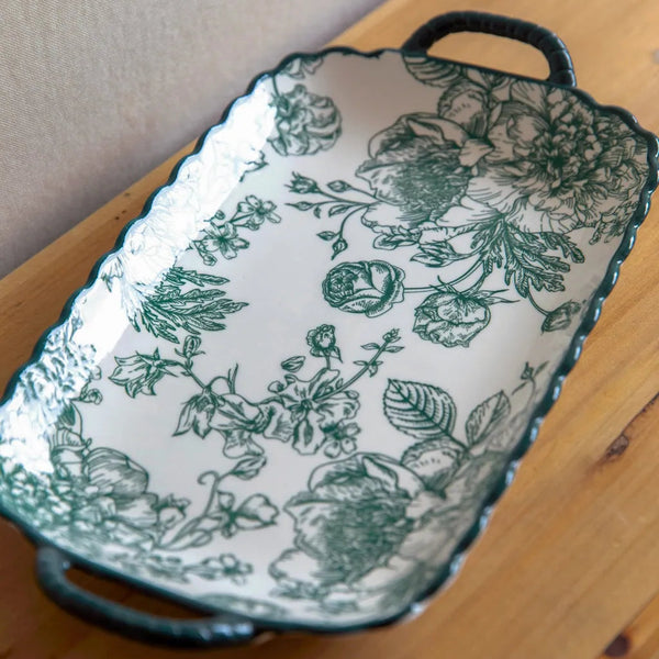 Vintage Green Flora Ceramic Dinnerware Set 12InchRectanglePlate - Delicors