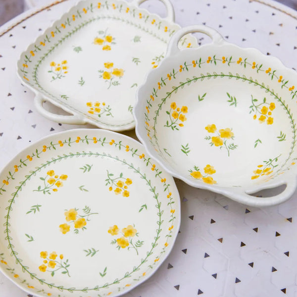 Yellow Garland Ceramic Dining Set 8 InchPlate&9.5InchSoupBowl&9.25 nchSquarePlate - Delicors