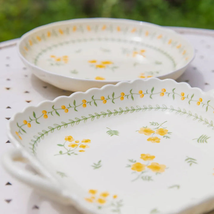 Yellow Garland Ceramic Dining Set 8 InchPlate&9.5InchSoupBowl&9.25 nchSquarePlate - Delicors