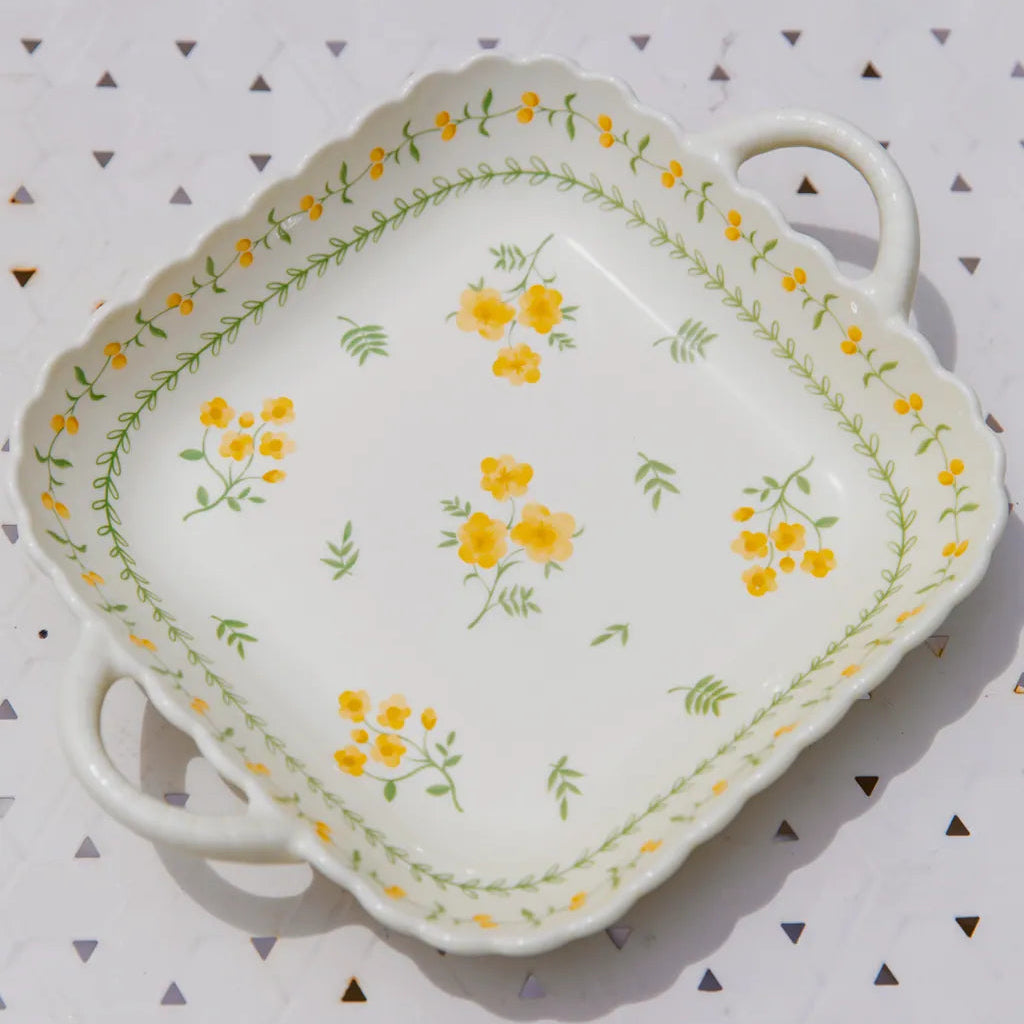 Yellow Garland Ceramic Dining Set 8 InchPlate&9.5InchSoupBowl&9.25 nchSquarePlate - Delicors