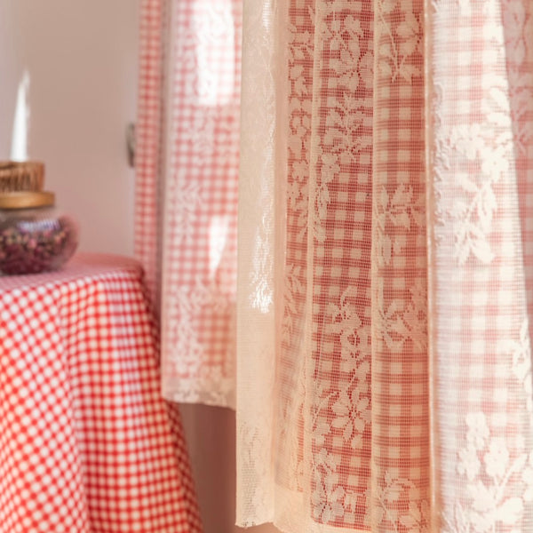 Red Chequered Dual-Layer Curtain