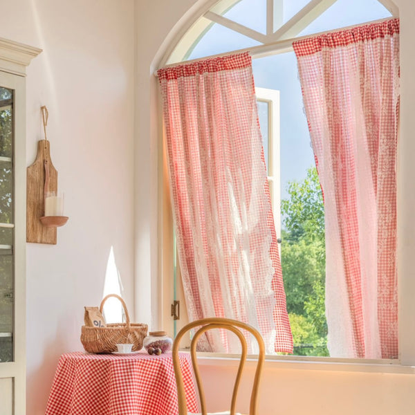Red Chequered Dual-Layer Curtain