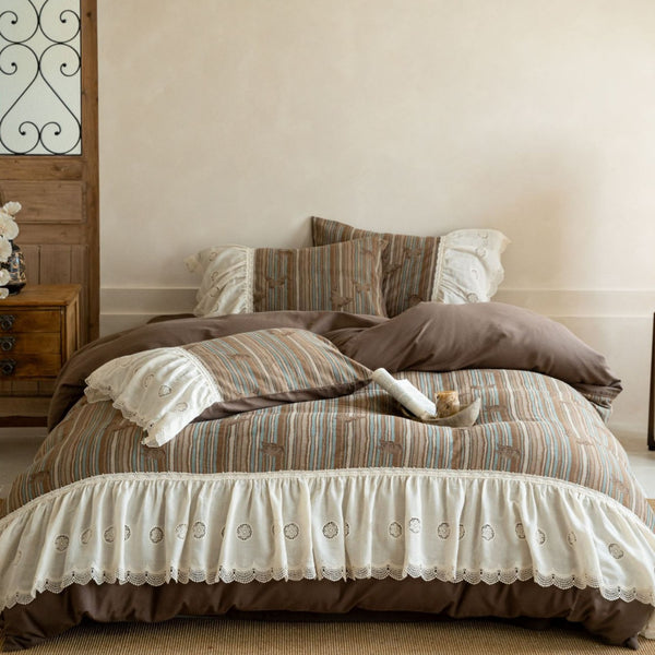 Cocoa Stripe Lace Cottage Bedding Set