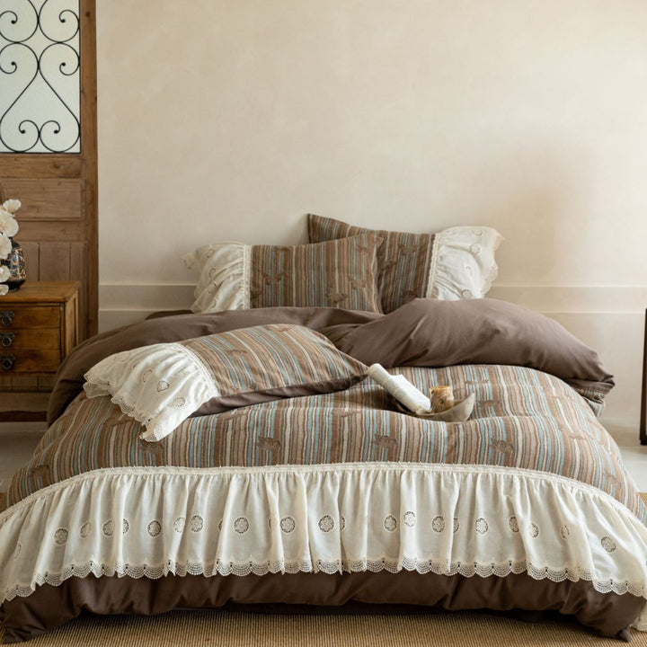 Cocoa Stripe Lace Cottage Bedding Set