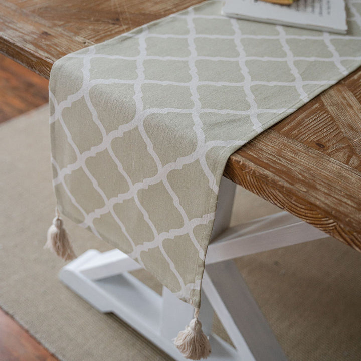 Soft Sage Rhombus Tassel Runner