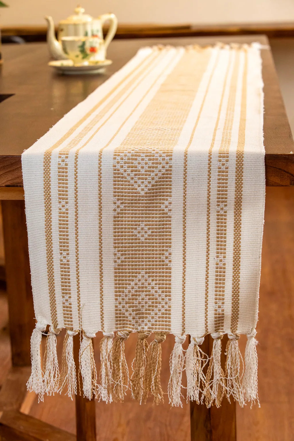 Bohemian Woven Tassel Table Runner Beige Tassels - Delicors