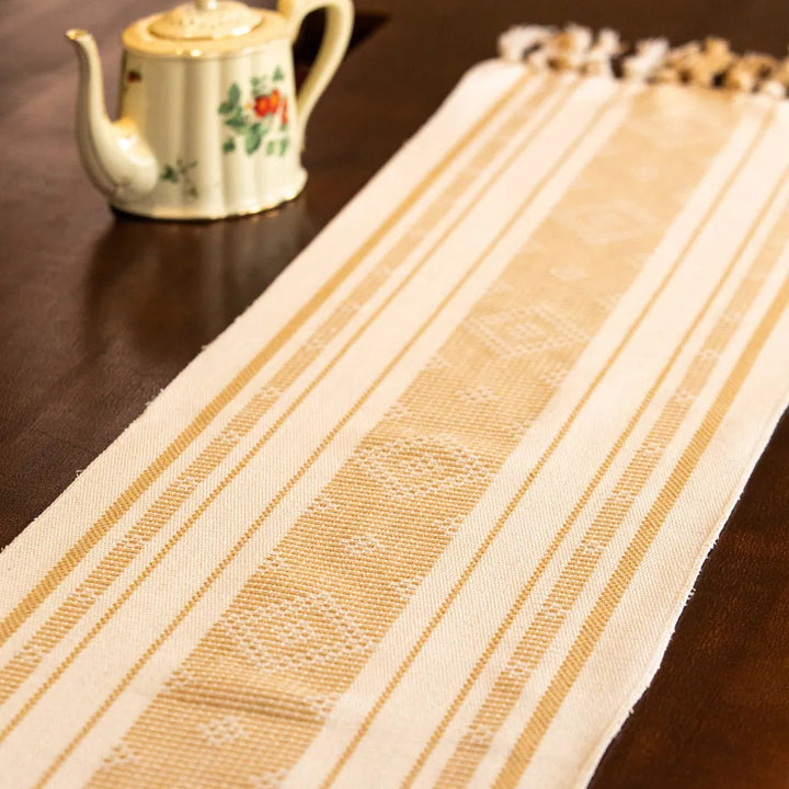Bohemian Woven Tassel Table Runner Beige Tassels - Delicors