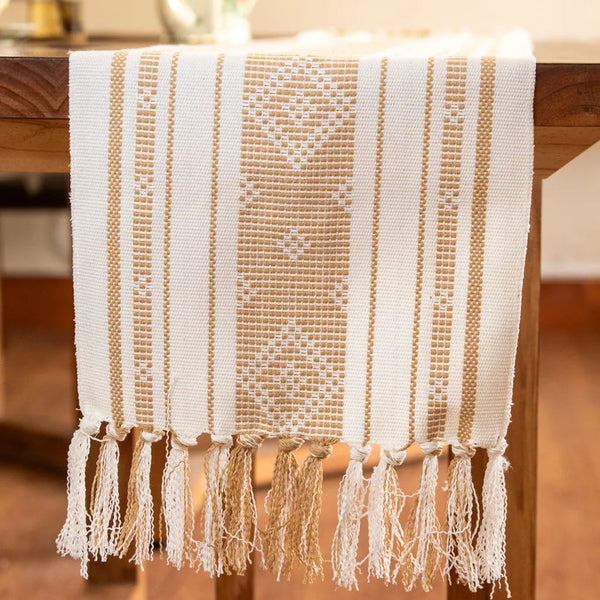 Bohemian Woven Tassel Table Runner Beige Tassels - Delicors