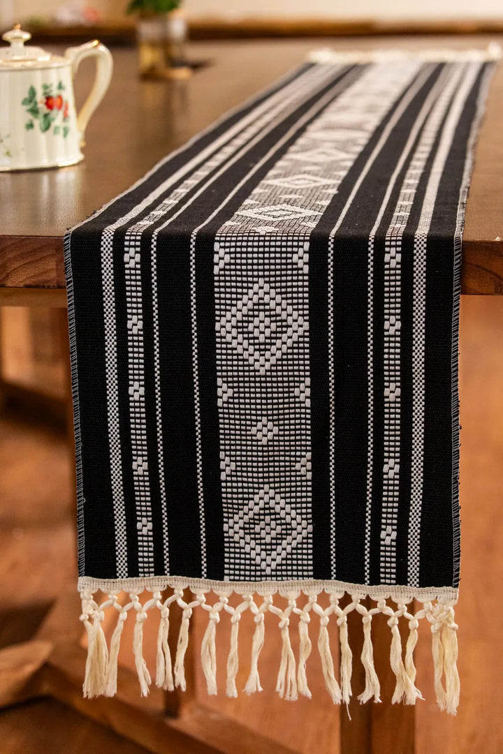 Bohemian Woven Tassel Table Runner Black Braided Tassels - Delicors