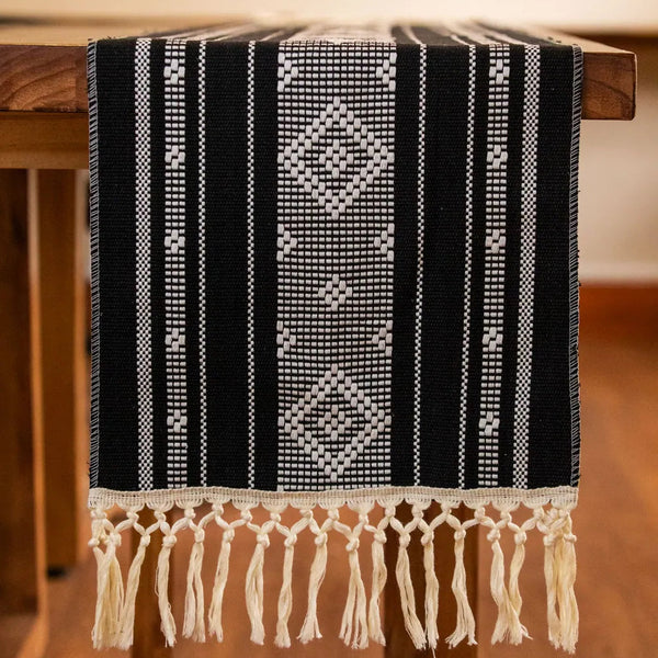 Bohemian Woven Tassel Table Runner Black Braided Tassels - Delicors