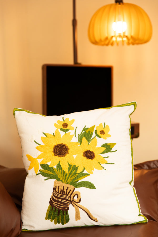 Bright botanical embroidered cushion