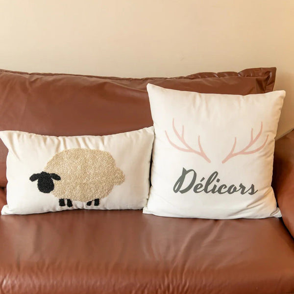 Cosy Sheep Embroidered Cushion RectangleBeigeSheep - Delicors