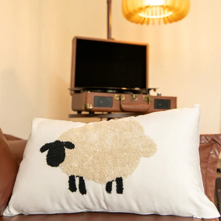 Cosy Sheep Embroidered Cushion RectangleBeigeSheep - Delicors