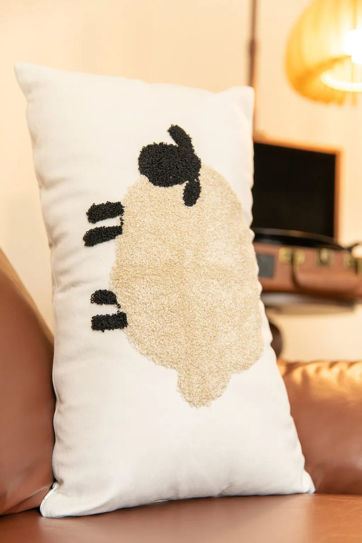 Cosy Sheep Embroidered Cushion RectangleBeigeSheep - Delicors