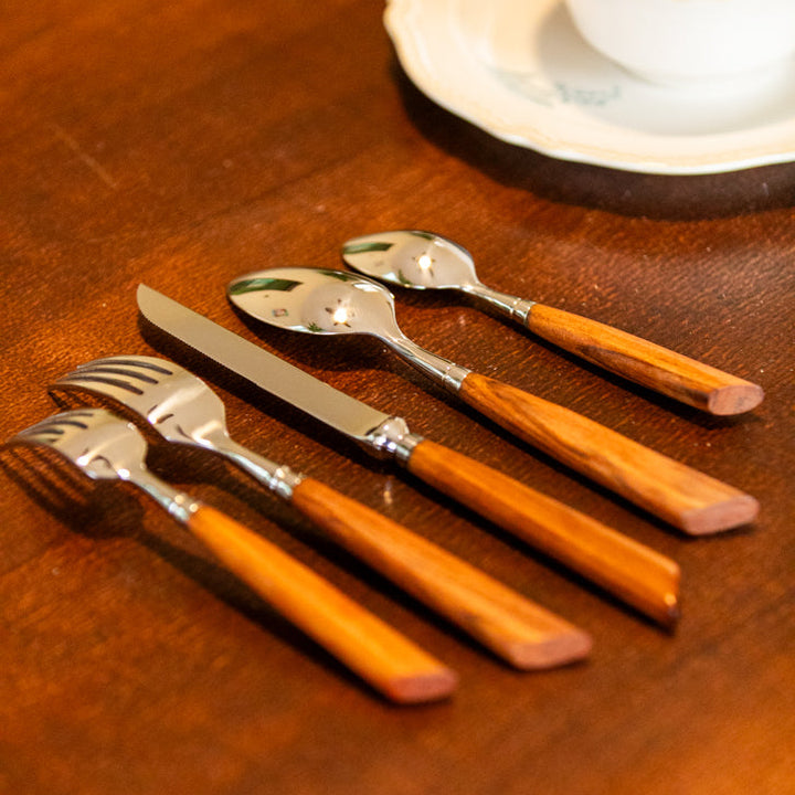 Wood Handle Silver Cutlery Set -- Delicors