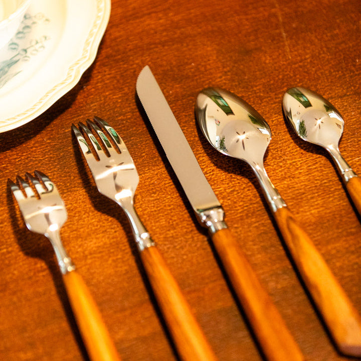 Wood Handle Silver Cutlery Set -- Delicors