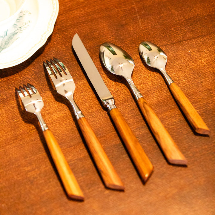 Wood Handle Silver Cutlery Set -- Delicors