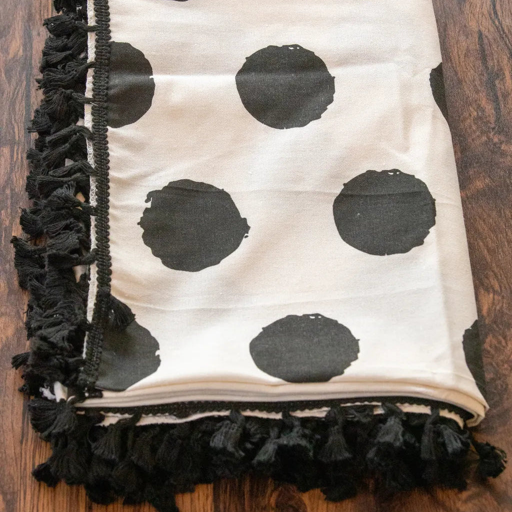 Black Polka Dot Tassel Table Cloth -- Delicors
