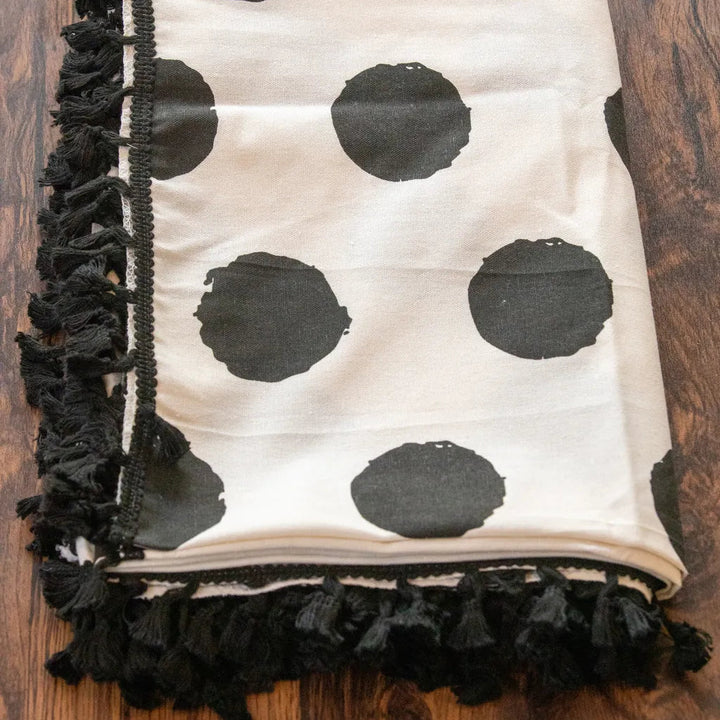 Black Polka Dot Tassel Table Cloth -- Delicors
