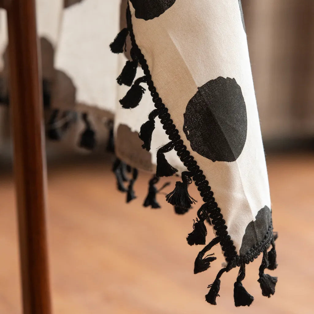 Black Polka Dot Tassel Table Cloth -- Delicors