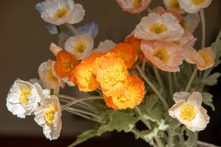 A close-up of artificial poppy flowers 
