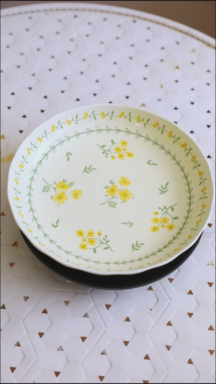 Yellow Garland Ceramic Dining Set 8 InchPlate&9.5InchSoupBowl&9.25 nchSquarePlate - Delicors