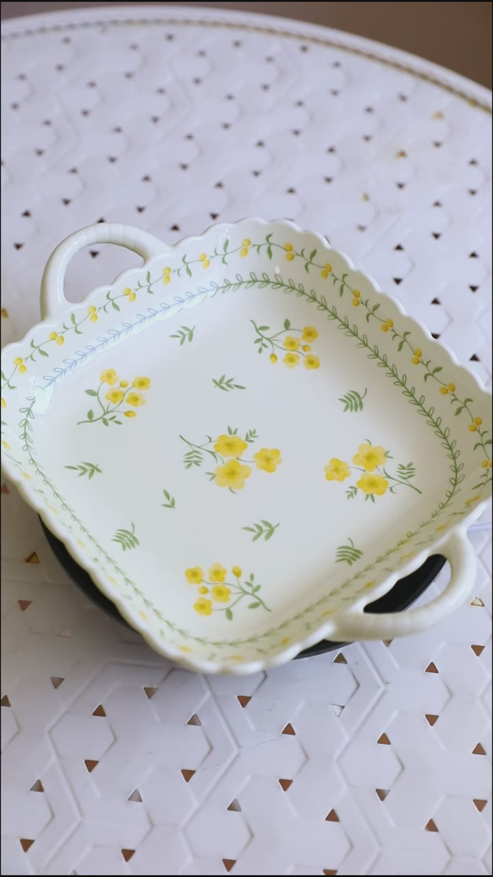 Yellow Garland Ceramic Dining Set 8 InchPlate&9.5InchSoupBowl&9.25 nchSquarePlate - Delicors