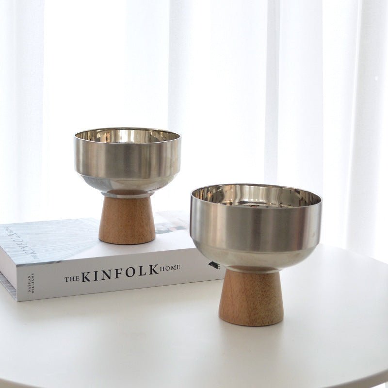 Round Stainless Tray with Solid Wood Base - Tray - Delicors