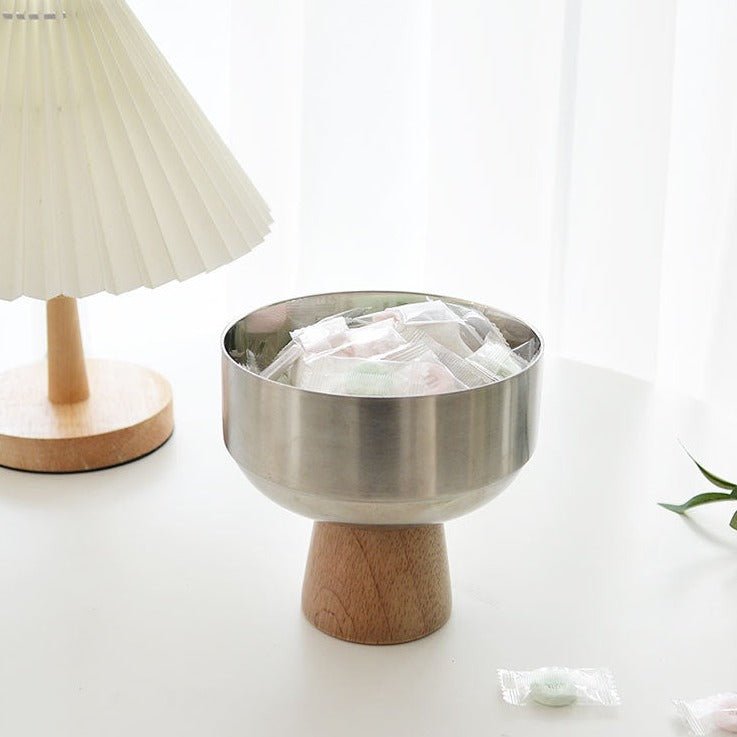 Round Stainless Tray with Solid Wood Base - Tray - Delicors