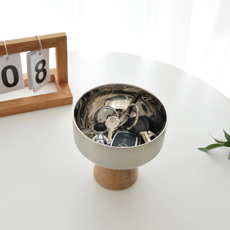 Round Stainless Tray with Solid Wood Base - Tray - Delicors