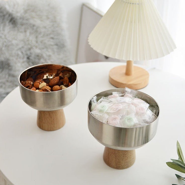 Round Stainless Tray with Solid Wood Base - Tray - Delicors