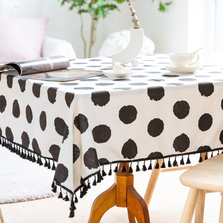 Black Polka Dot Tassel Table Cloth -- Delicors