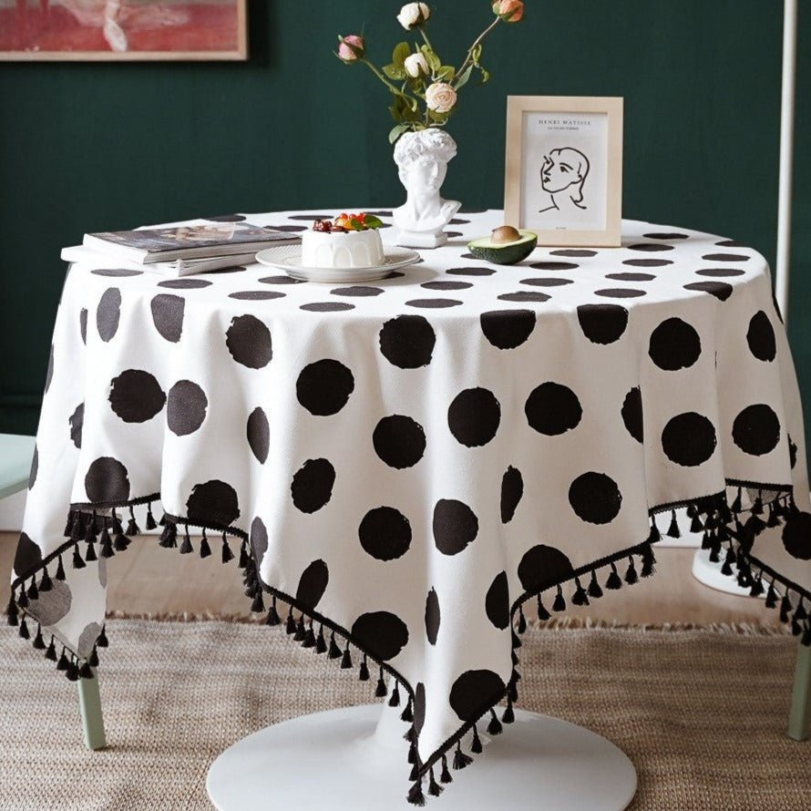 Black Polka Dot Tassel Table Cloth -- Delicors