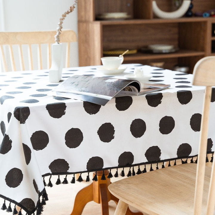 Black Polka Dot Tassel Table Cloth -- Delicors