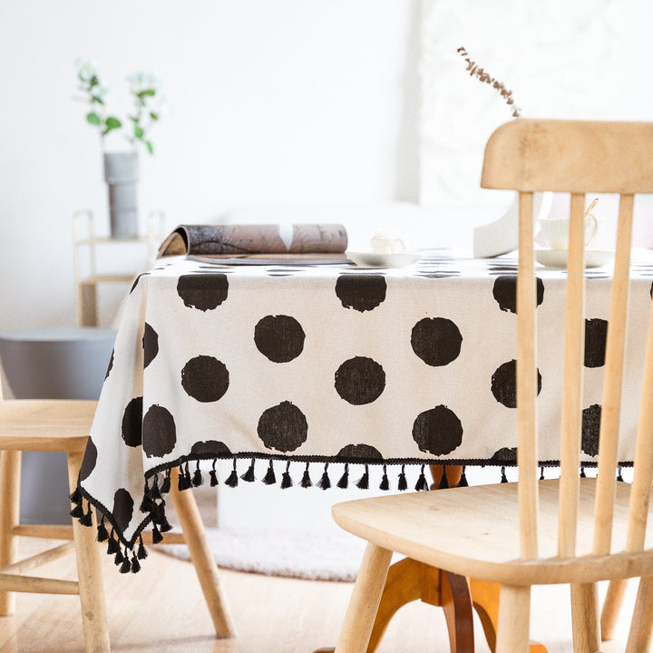 Black Polka Dot Tassel Table Cloth -- Delicors