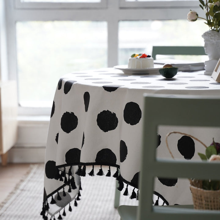 Black Polka Dot Tassel Table Cloth -- Delicors