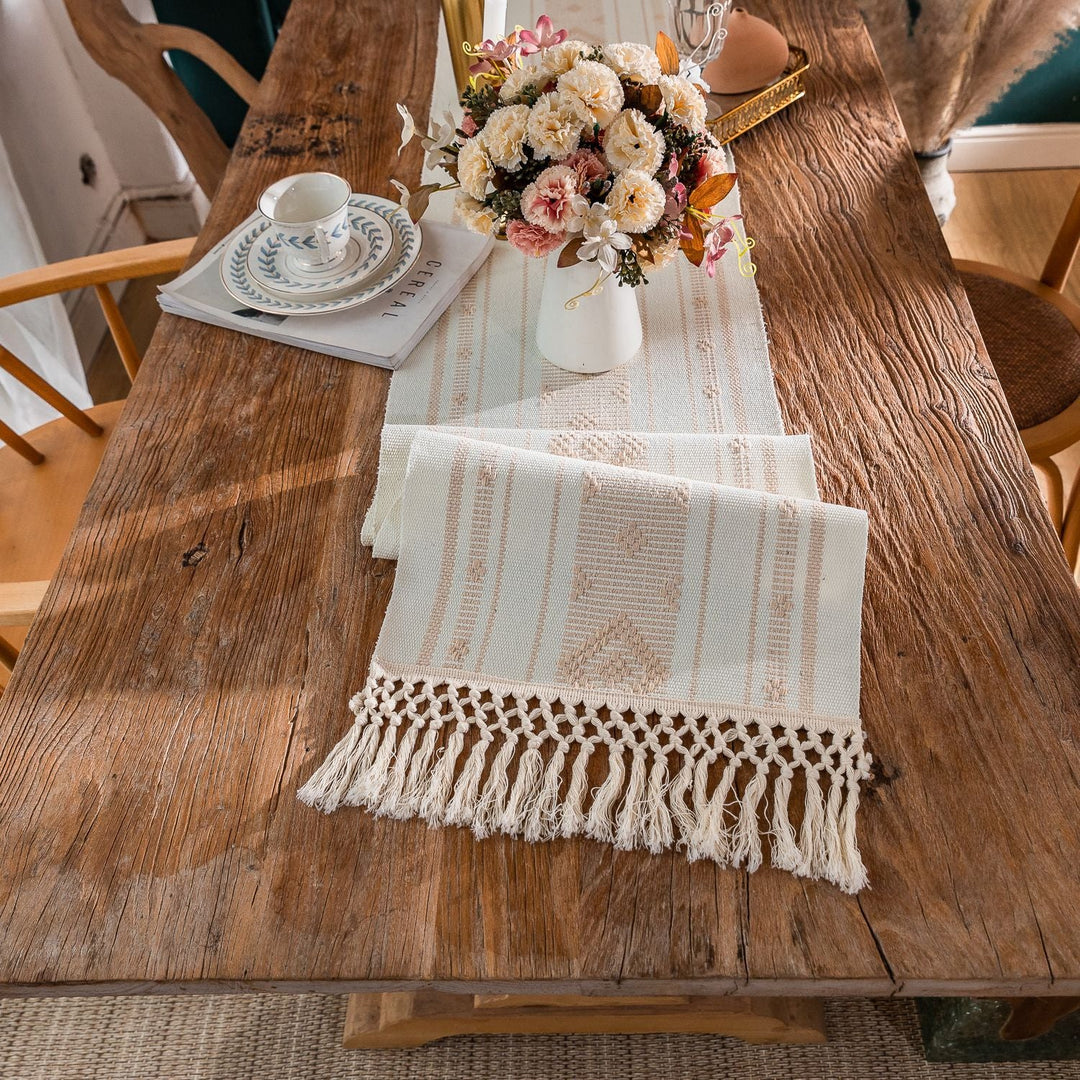 Bohemian Woven Tassel Table Runner -- Delicors