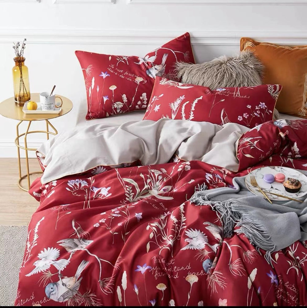Red Singing Bird Bedding Set -- Delicors