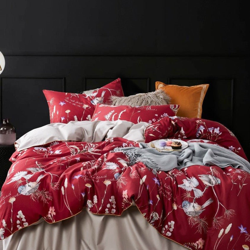 Red Singing Bird Bedding Set -- Delicors