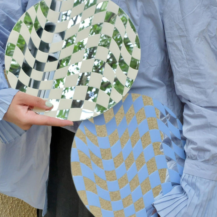 Round Wavy Checkerboard Mirror Acrylic Tray Collection -- Delicors