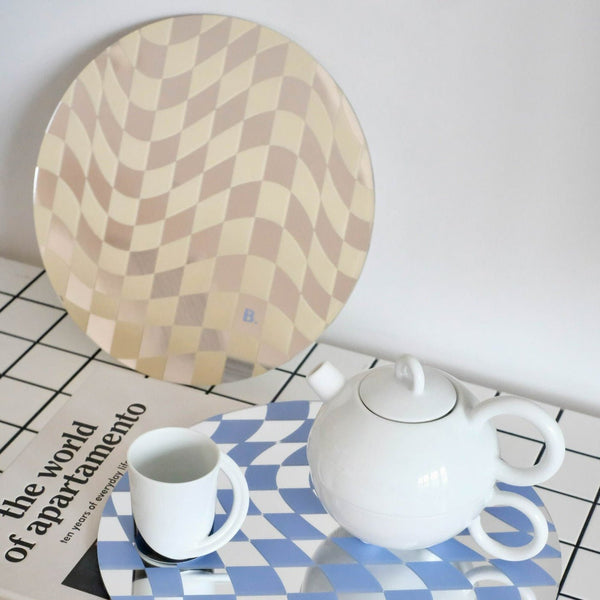 Round Wavy Checkerboard Mirror Acrylic Tray Collection -- Delicors
