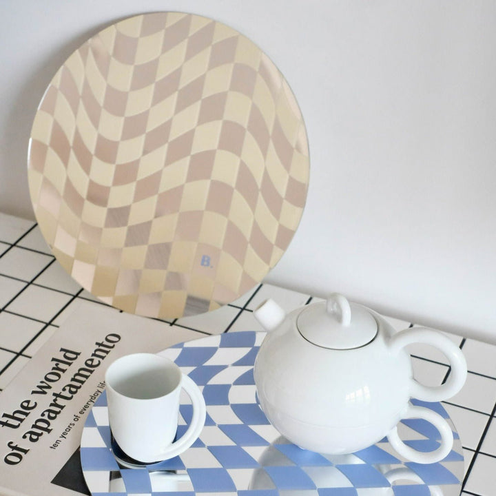 Round Wavy Checkerboard Mirror Acrylic Tray Collection -- Delicors