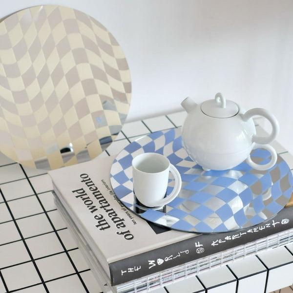 Round Wavy Checkerboard Mirror Acrylic Tray Collection -- Delicors