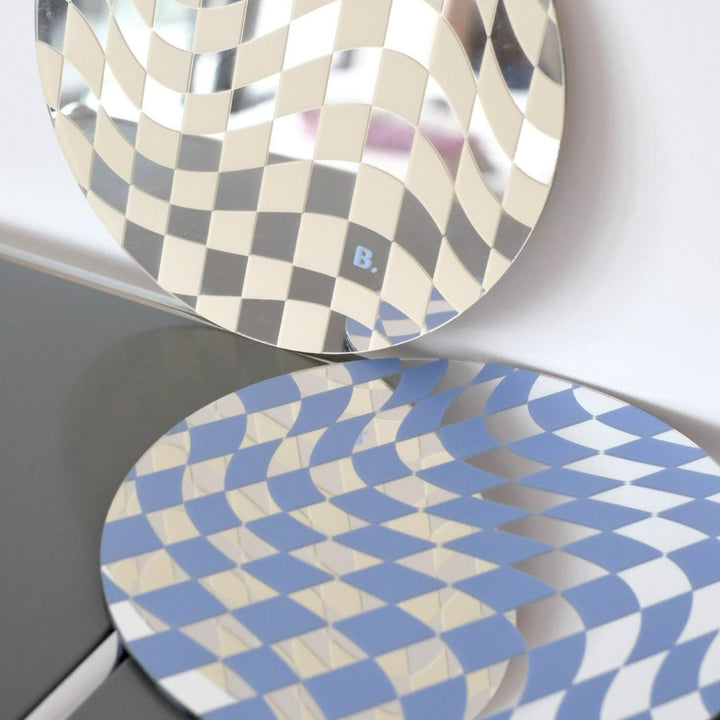 Round Wavy Checkerboard Mirror Acrylic Tray Collection -- Delicors