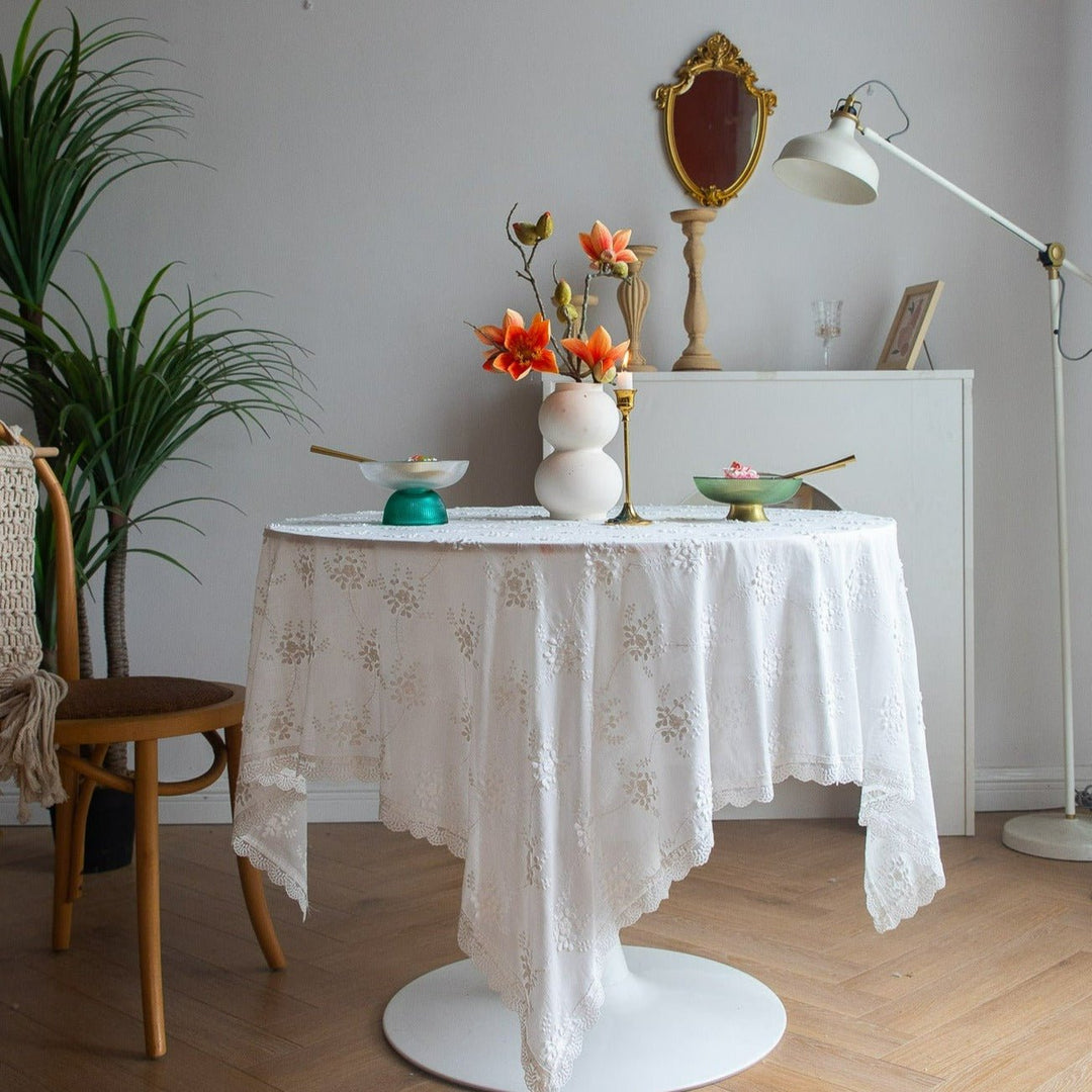 White Blossom Lace Table Cloth -- Delicors